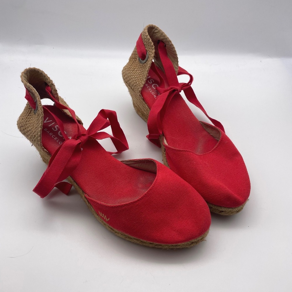 Viscata Barcelona Espadrille Wedge Ankle Tie Up Red Canvas Shoes Size 41/ US 10